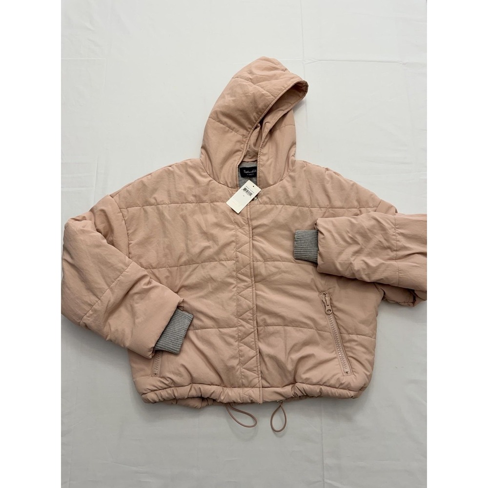 Splendid Jacket Womens XS Pink Beige Hooded Quilted Puffer Zip Pockets Short